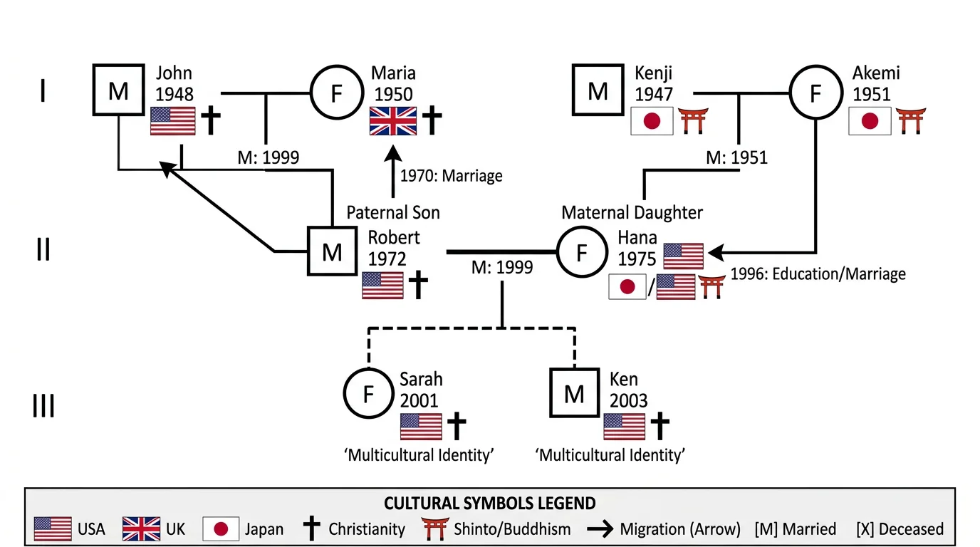 Cultural genogram showing migration patterns, ethnic backgrounds, and cultural identifiers across generations.