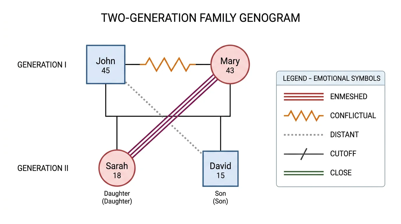 Genogram displaying emotional relationship patterns with different line styles for close, conflictual, and distant relationships.