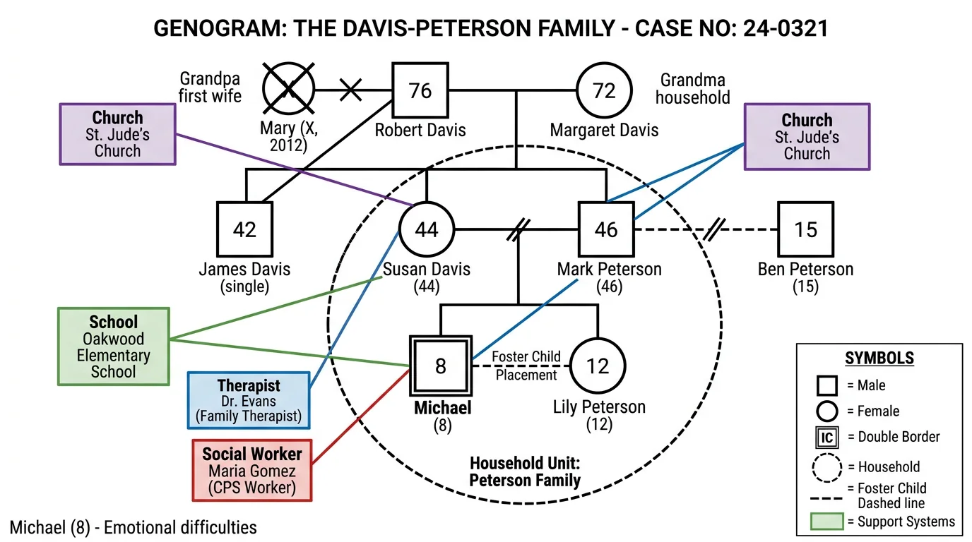Comprehensive genogram for social work assessment with household boundaries, support systems, and external resources.