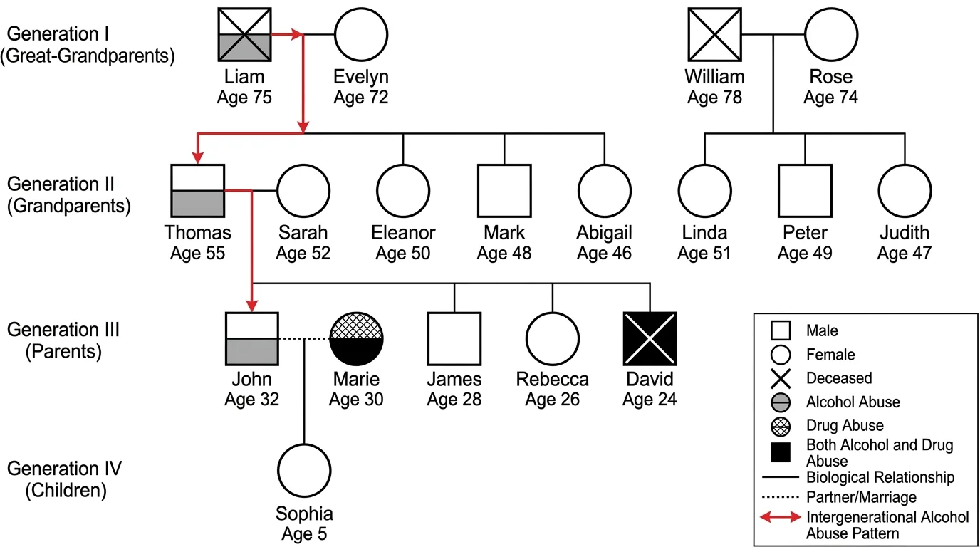 Genogram tracking substance abuse patterns across four generations with symbols for alcohol and drug use.