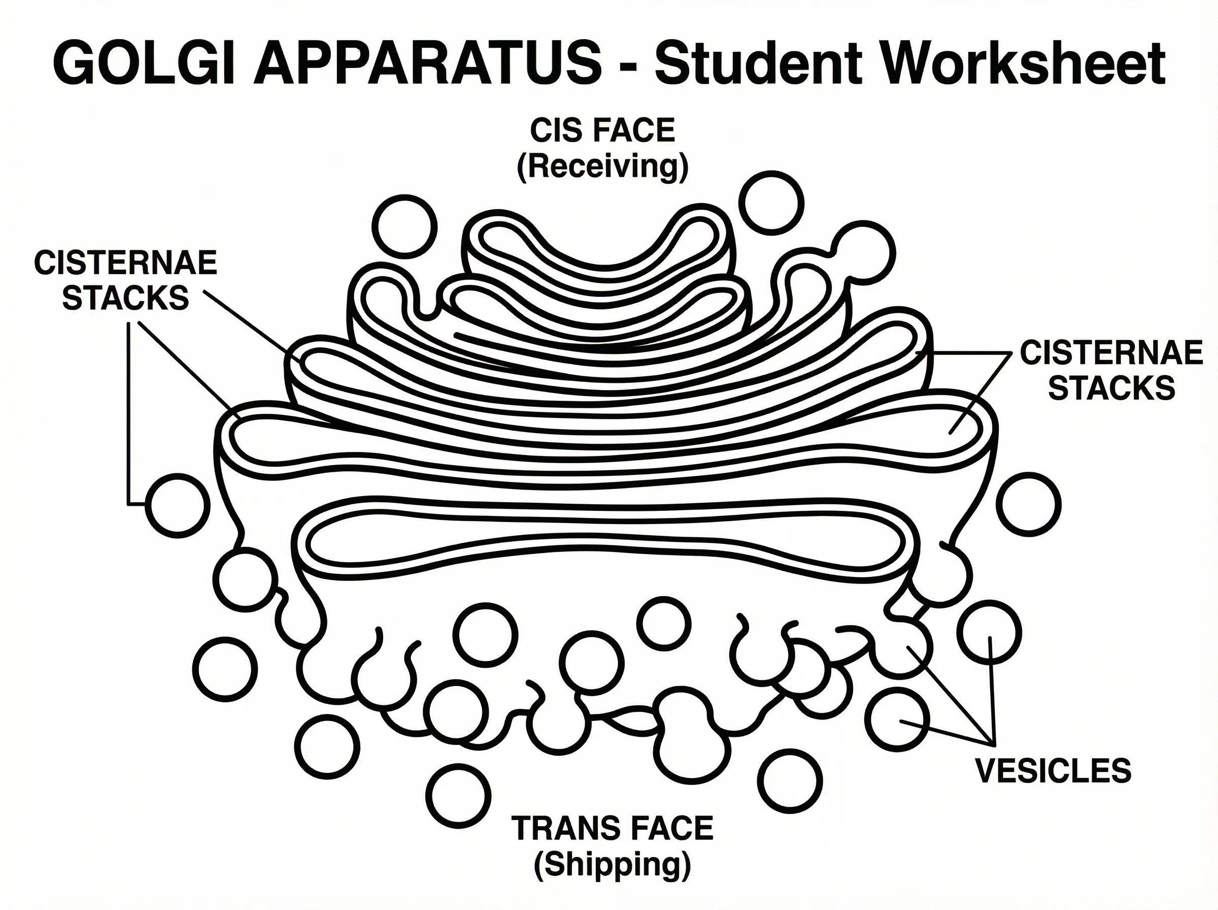 Black and white coloring page style diagram of the Golgi apparatus with clear outlines showing cisternae stacks, vesicles, cis face, and trans face. Designed as a printable worksheet for students to color and label.