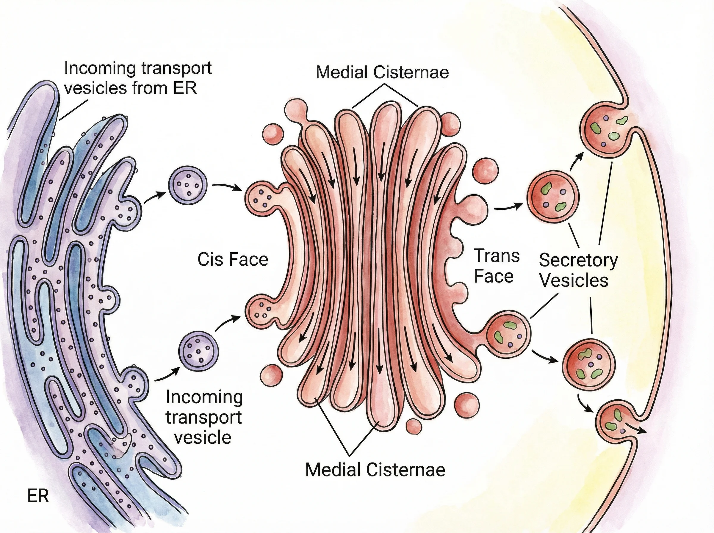 Detailed diagram of the Golgi apparatus showing vesicle trafficking, including incoming transport vesicles from the endoplasmic reticulum at the cis face and outgoing secretory vesicles budding from the trans face. Arrows indicate the direction of protein flow through the cisternae.