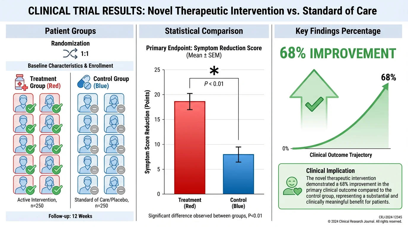 Graphical abstract summarizing clinical trial with patient groups and statistical results.
