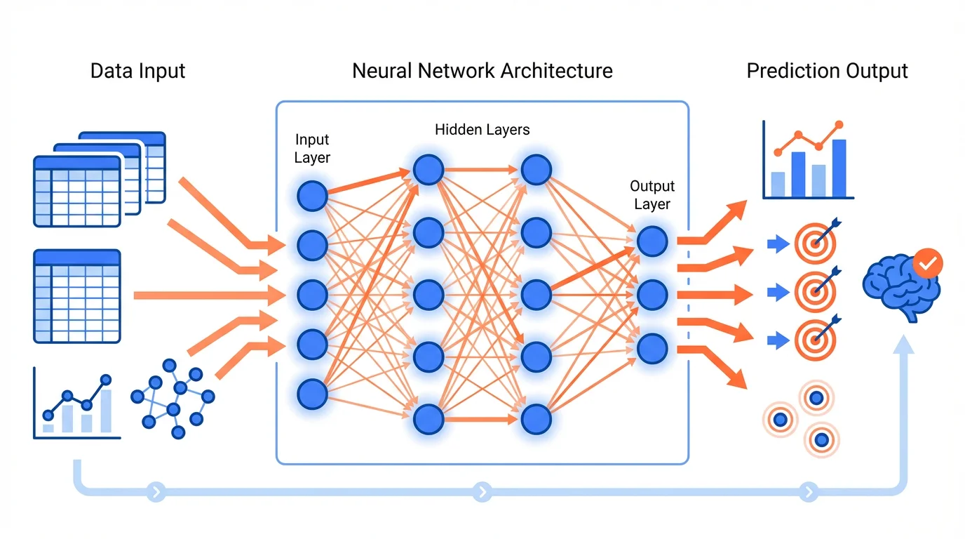 Graphical abstract for machine learning research showing data input, neural network, and prediction output.