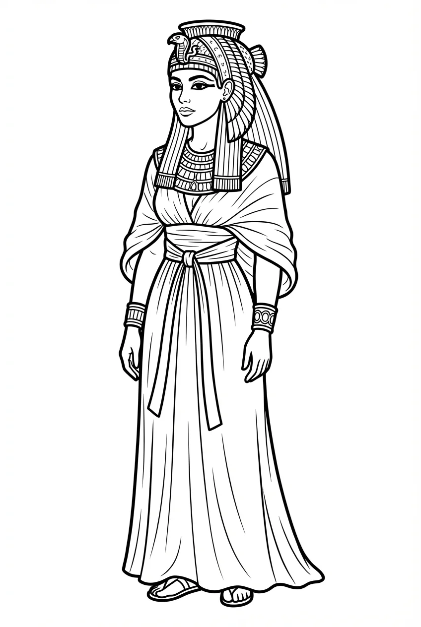 Black and white line art of Cleopatra, Queen of Egypt, designed as a coloring page worksheet for students learning about ancient history.