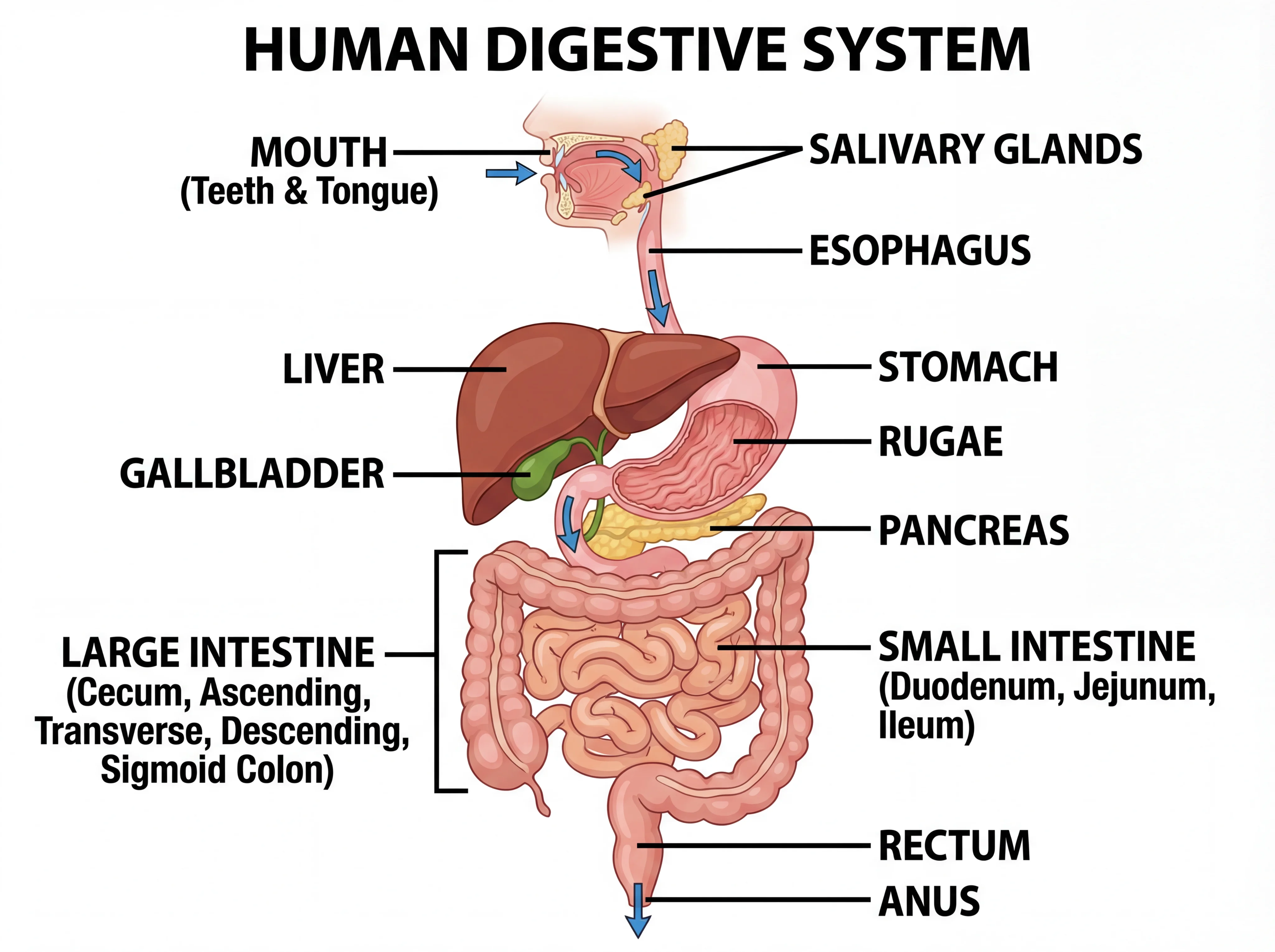 Detailed digestive system diagram showing mouth, esophagus, stomach, small intestine, large intestine, liver, pancreas, and gallbladder with anatomical labels.