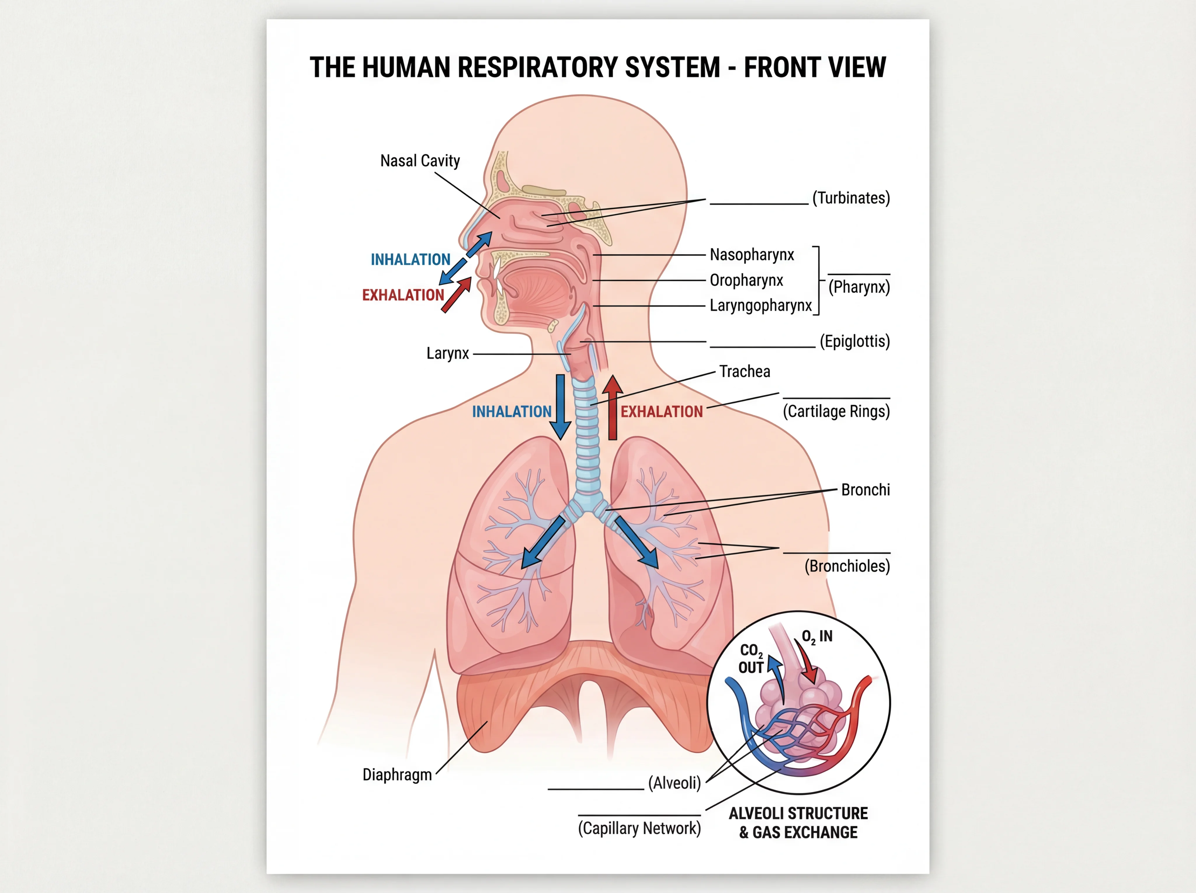 Educational respiratory system diagram showing nasal cavity, pharynx, larynx, trachea, bronchi, lungs, and diaphragm in worksheet format.