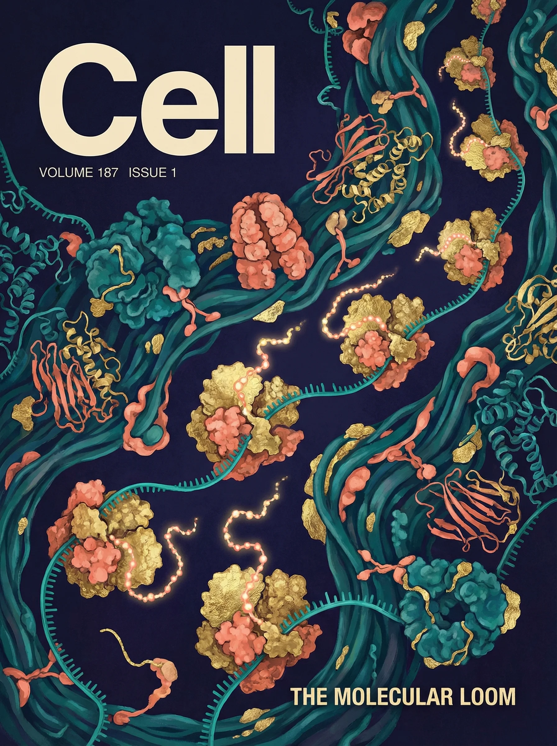 Scientific journal cover in Cell style featuring molecular biology visualization.