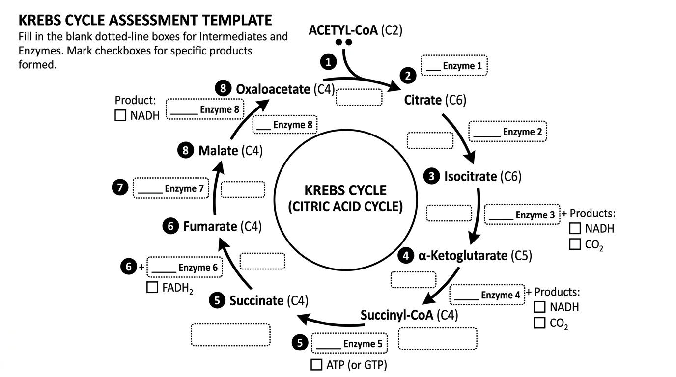 Blank Krebs cycle diagram template with empty boxes for students to fill in intermediates, enzymes, and products.