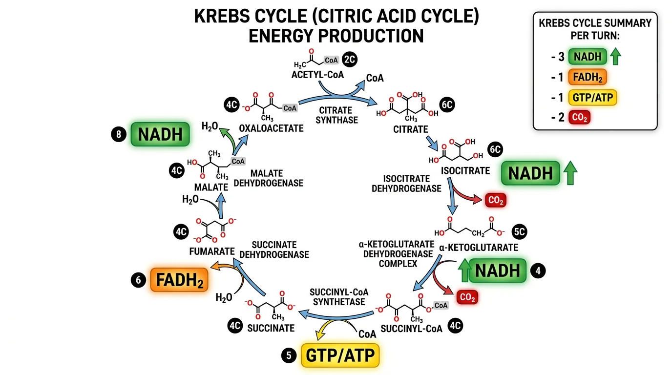 Krebs cycle diagram highlighting NADH, FADH2, and ATP/GTP production at each step with energy yield summary.