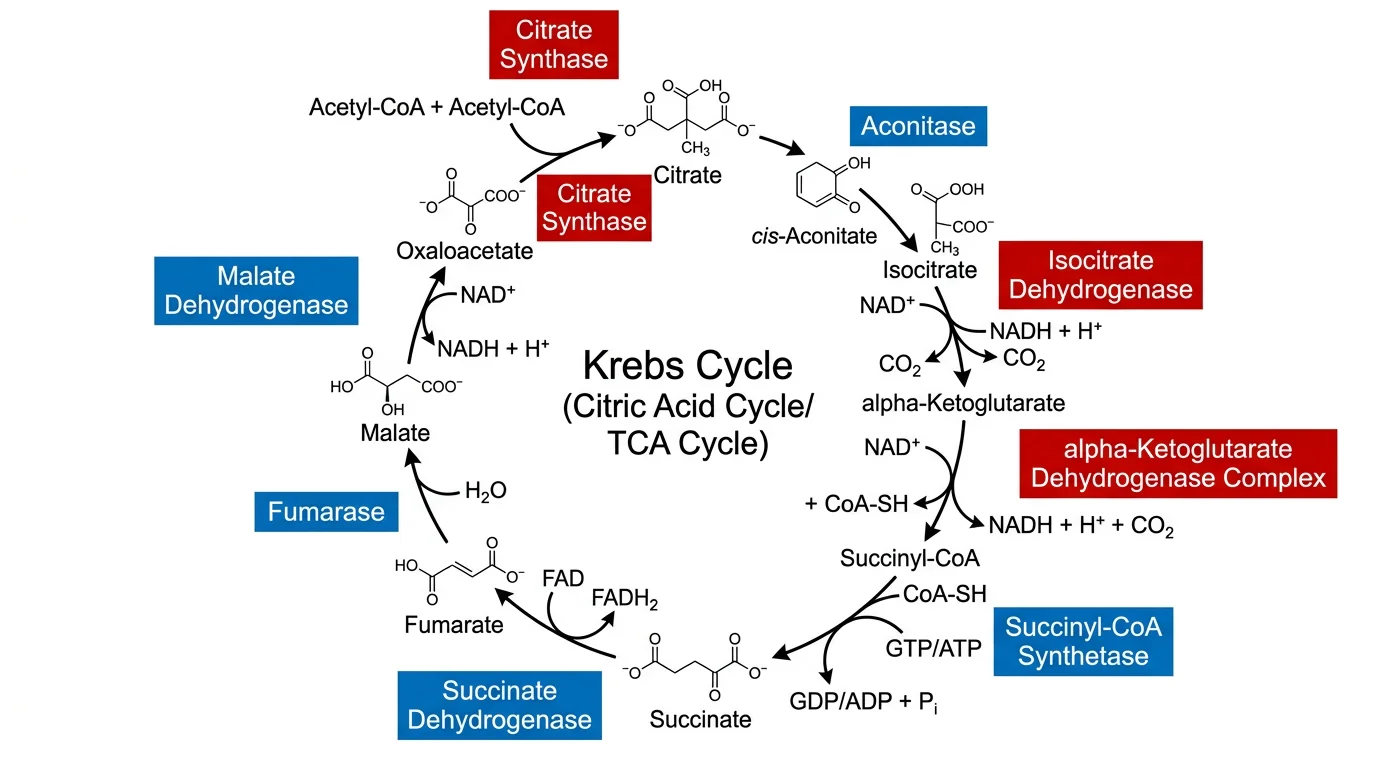 Krebs cycle diagram with all 8 enzymes highlighted including citrate synthase, aconitase, isocitrate dehydrogenase, and others.