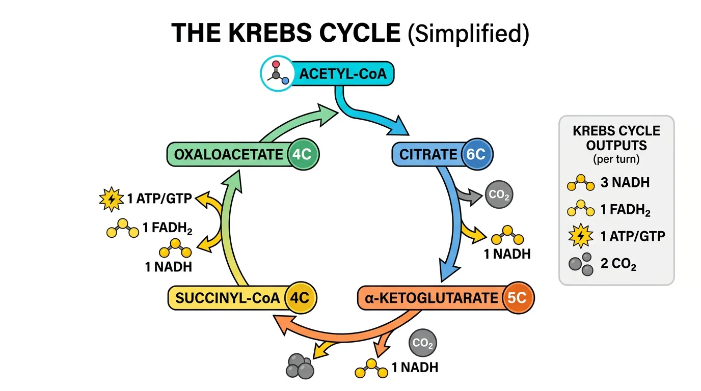Simplified Krebs cycle diagram highlighting major inputs and outputs with acetyl-CoA entry and energy carrier production.