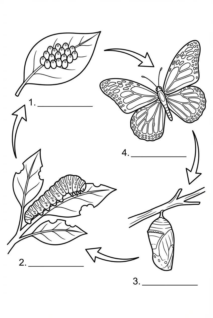 Black and white butterfly metamorphosis diagram without labels for student worksheets. Shows egg, caterpillar (larva), chrysalis (pupa), and adult butterfly stages with blank lines for labeling.