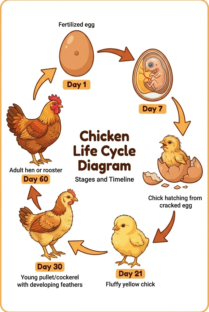 Chicken life cycle diagram showing egg, embryo development, hatching chick, young chicken, and adult hen/rooster. Educational worksheet style with space for student notes.
