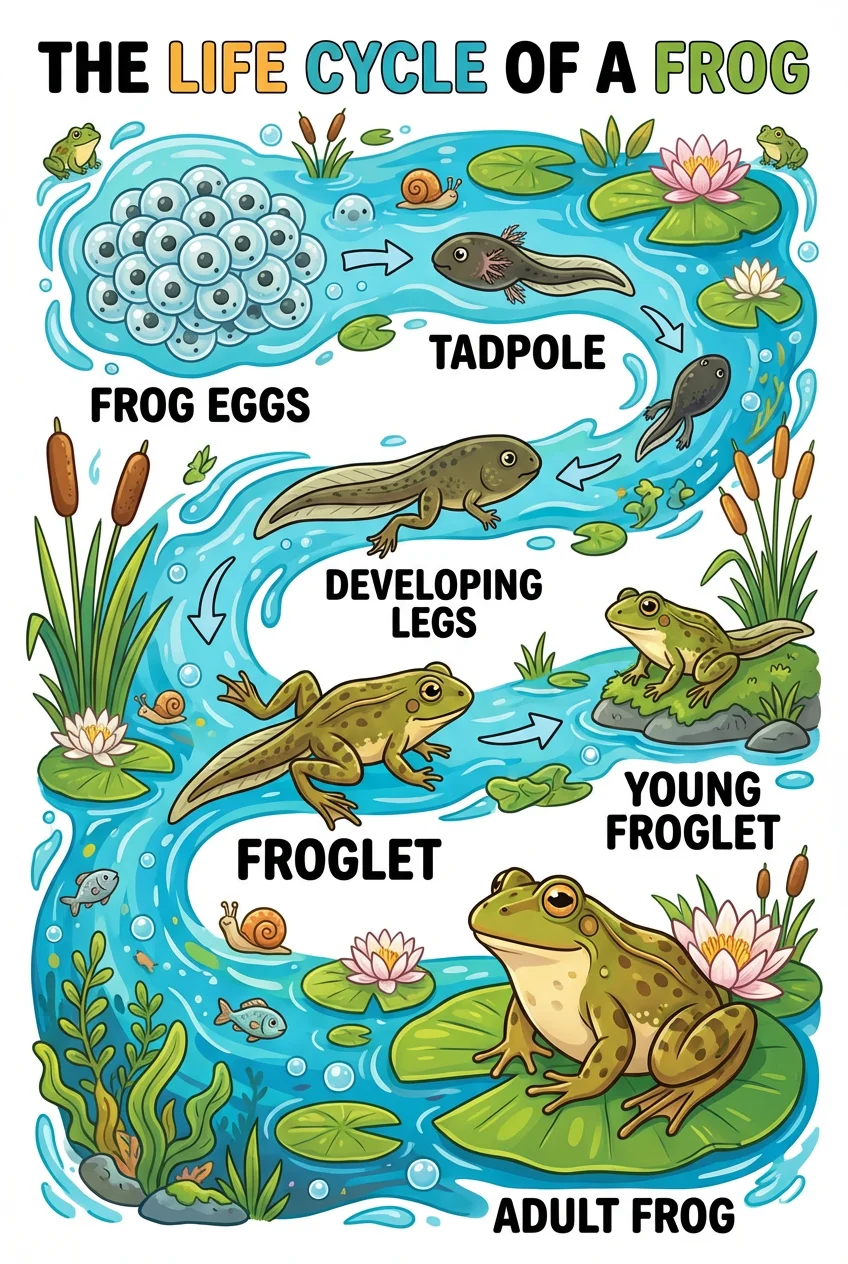 Colorful frog life cycle poster showing complete amphibian metamorphosis from eggs to tadpole to froglet to adult frog. Vibrant colors suitable for classroom display.