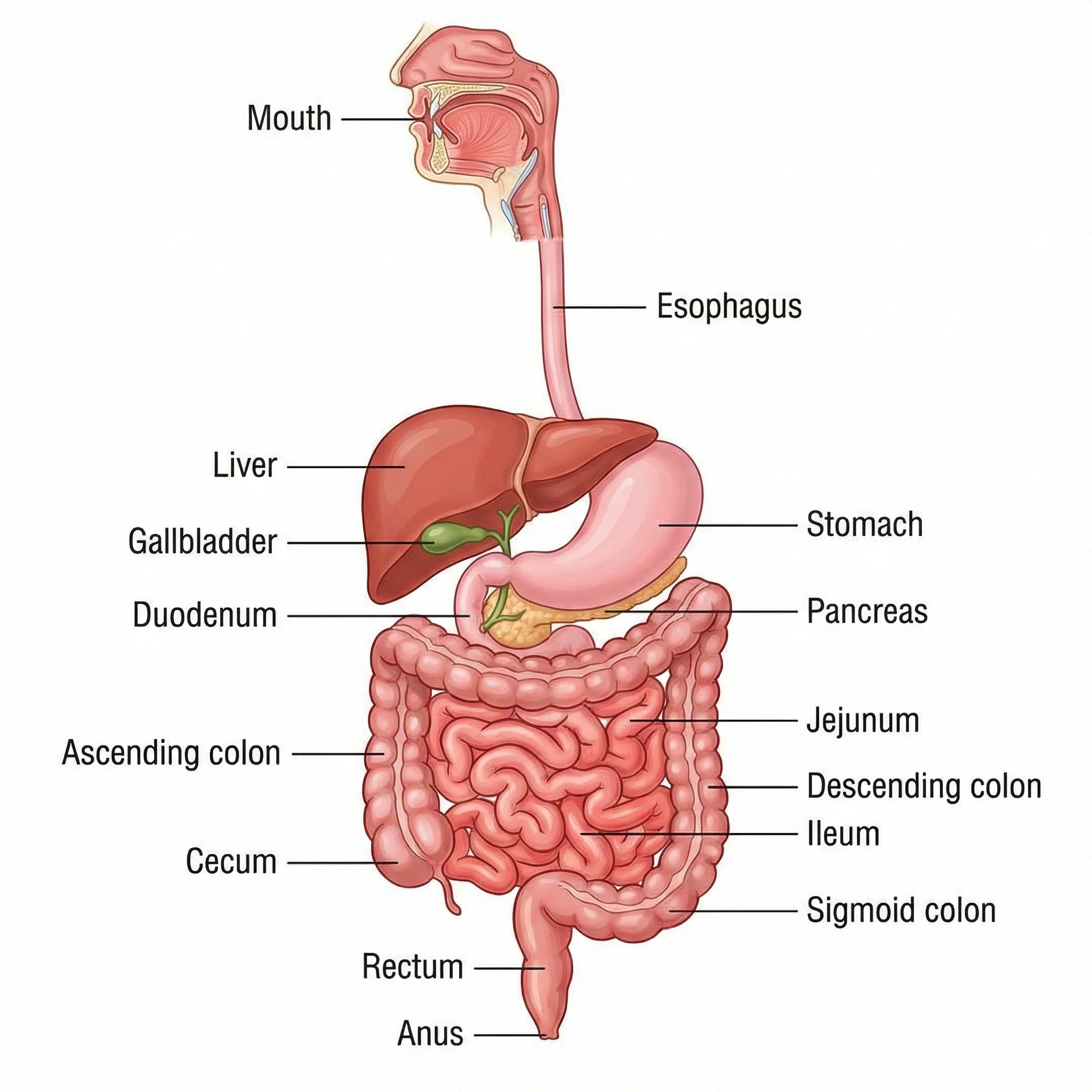 Complete human digestive system illustration from mouth to intestines