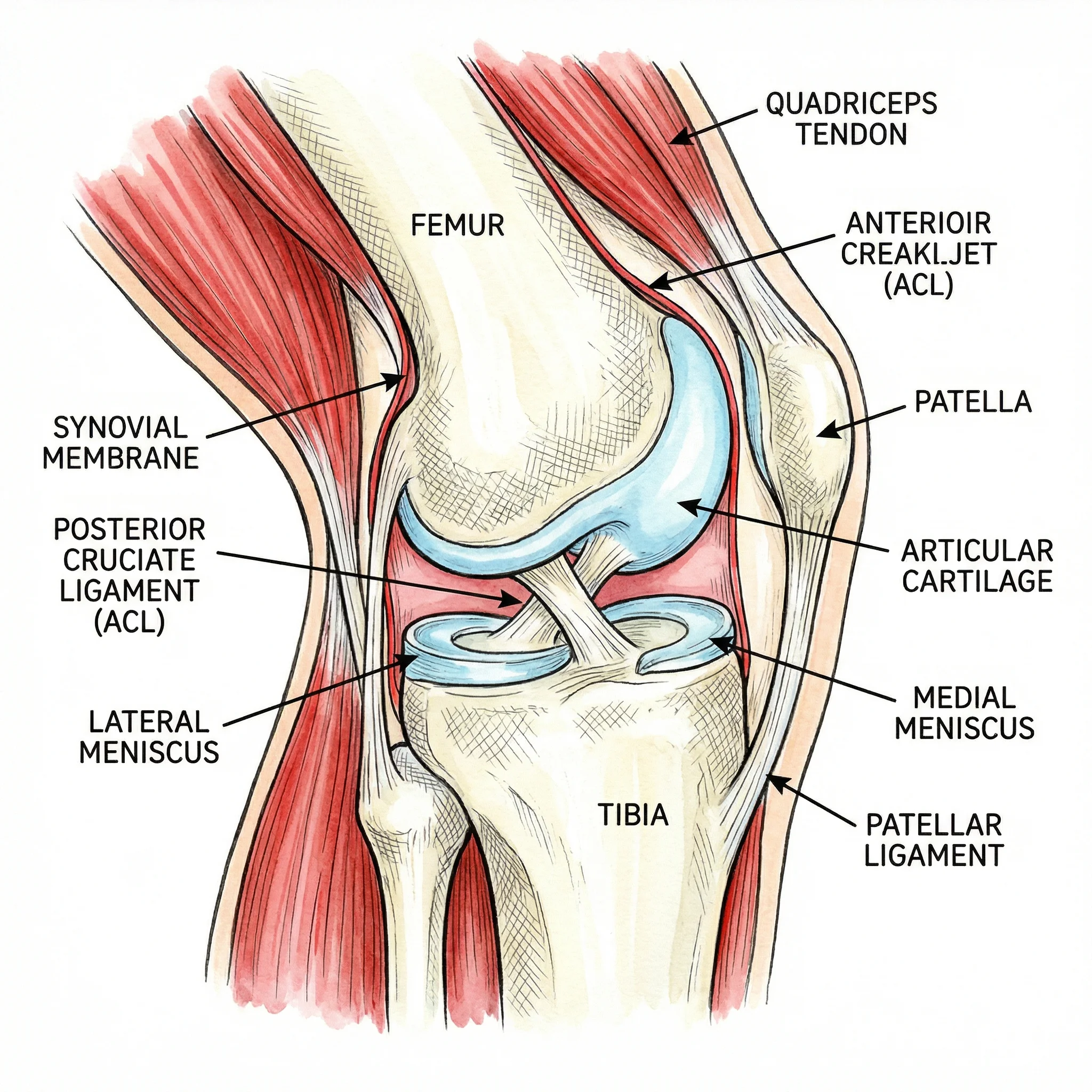 Cross-section illustration of knee joint showing bones, cartilage, and ligaments