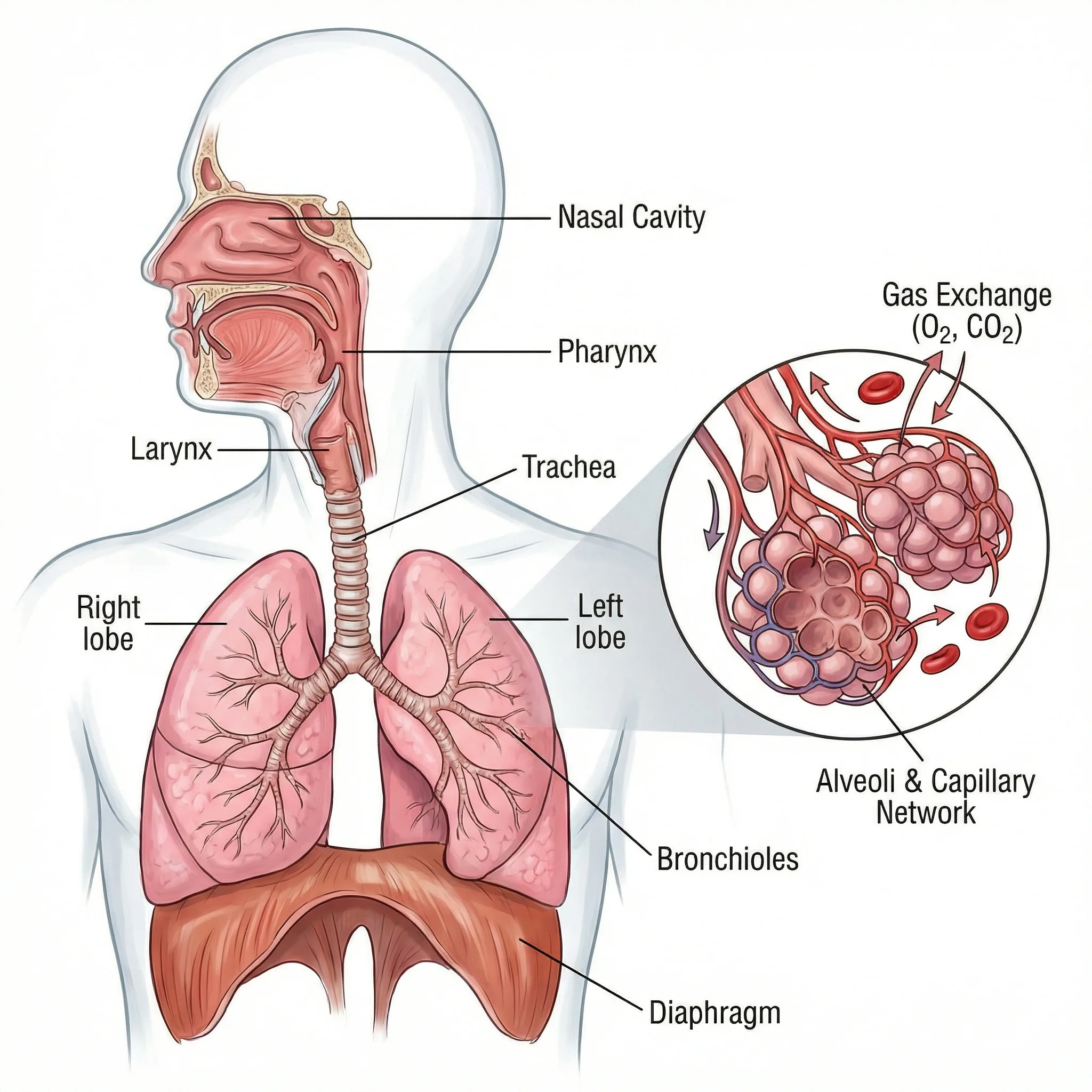 Human respiratory system showing lungs, airways, and gas exchange