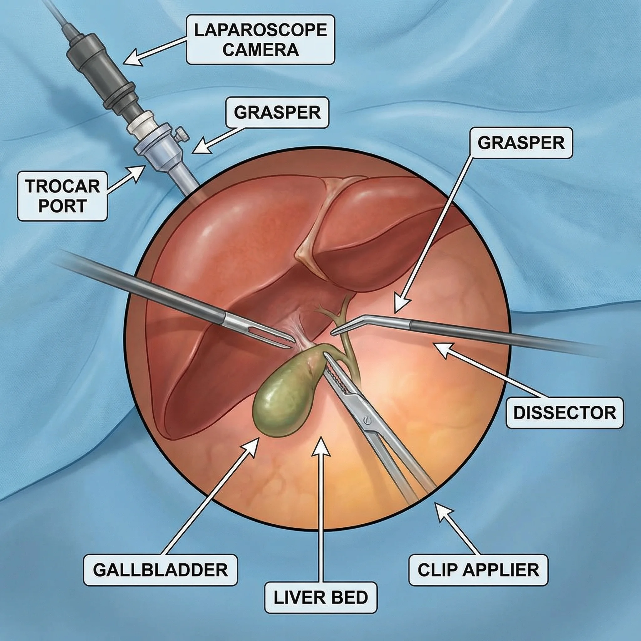 Medical illustration showing laparoscopic surgical technique