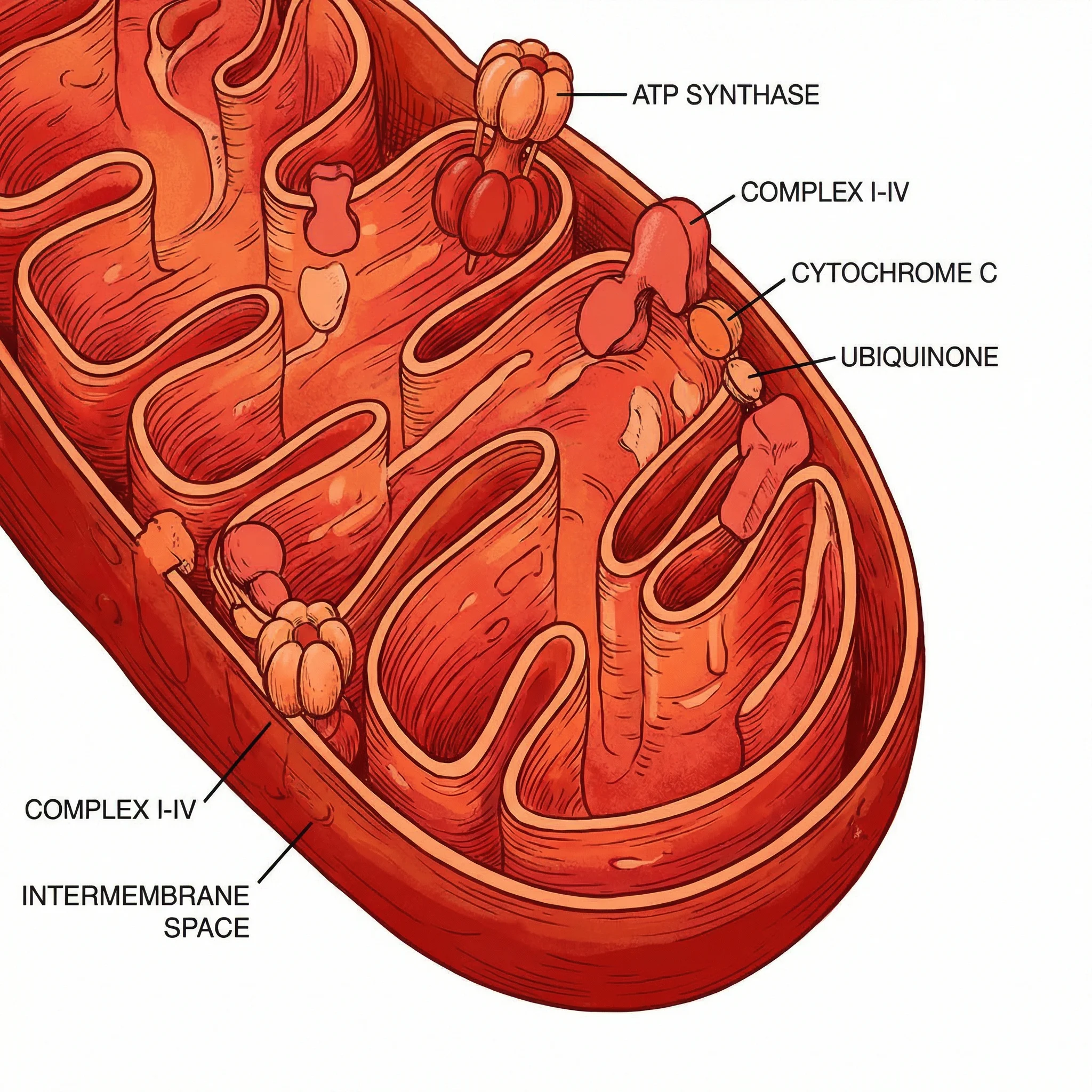 Detailed close-up diagram focusing on cristae structure within a mitochondrion. Shows the folded inner membrane creating cristae, with ATP synthase proteins embedded like mushrooms. Electron transport chain complexes are visible as colored blocks along the membrane. Scientific illustration with red and orange tones.
