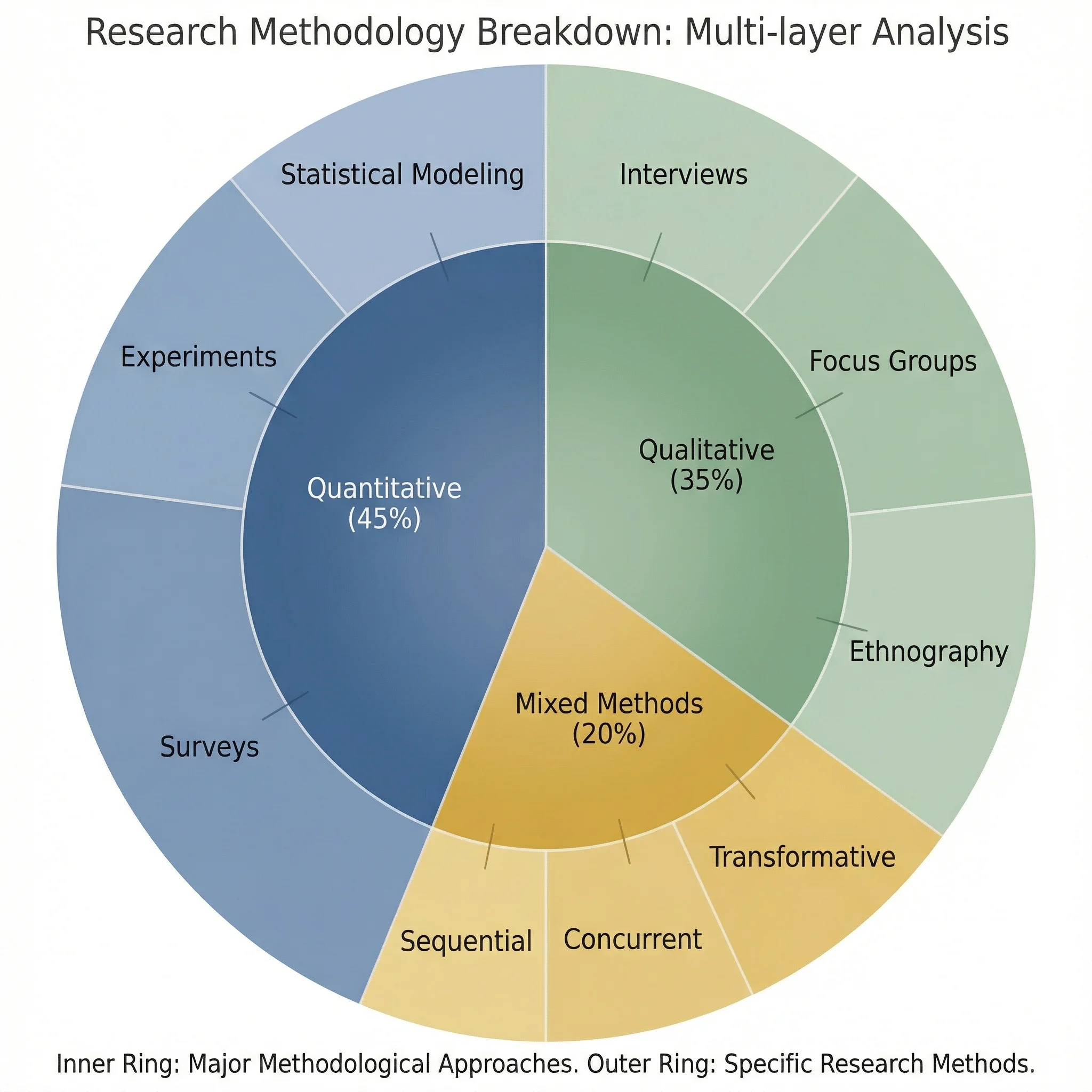 Multi-ring chart showing research methodology distribution with inner ring for approach types and outer ring for specific methods.
