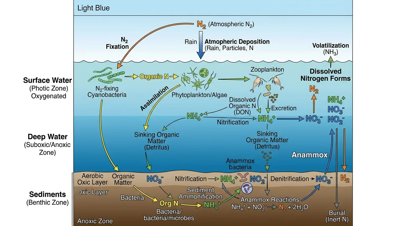 Nitrogen cycle in aquatic ecosystems showing nitrogen transformations in water bodies, sediments, and interactions with aquatic organisms.