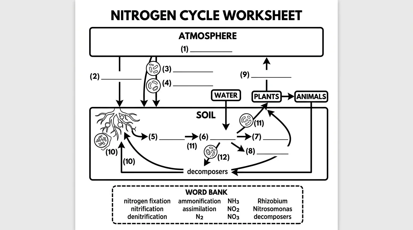 Blank nitrogen cycle diagram template with empty labels and arrows for students to fill in as a classroom worksheet.