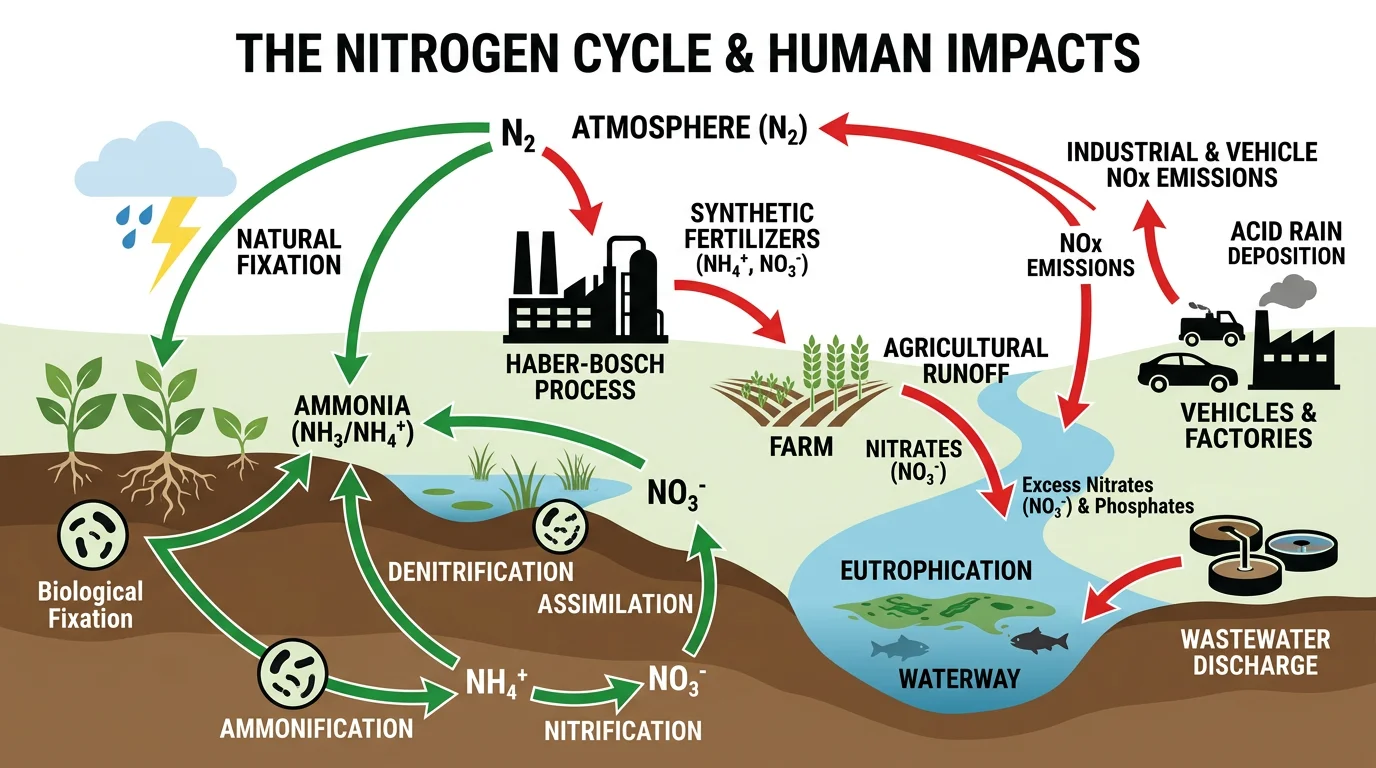 Nitrogen cycle diagram showing human influences including the Haber-Bosch process, fertilizer runoff, and industrial emissions disrupting natural nitrogen balance.