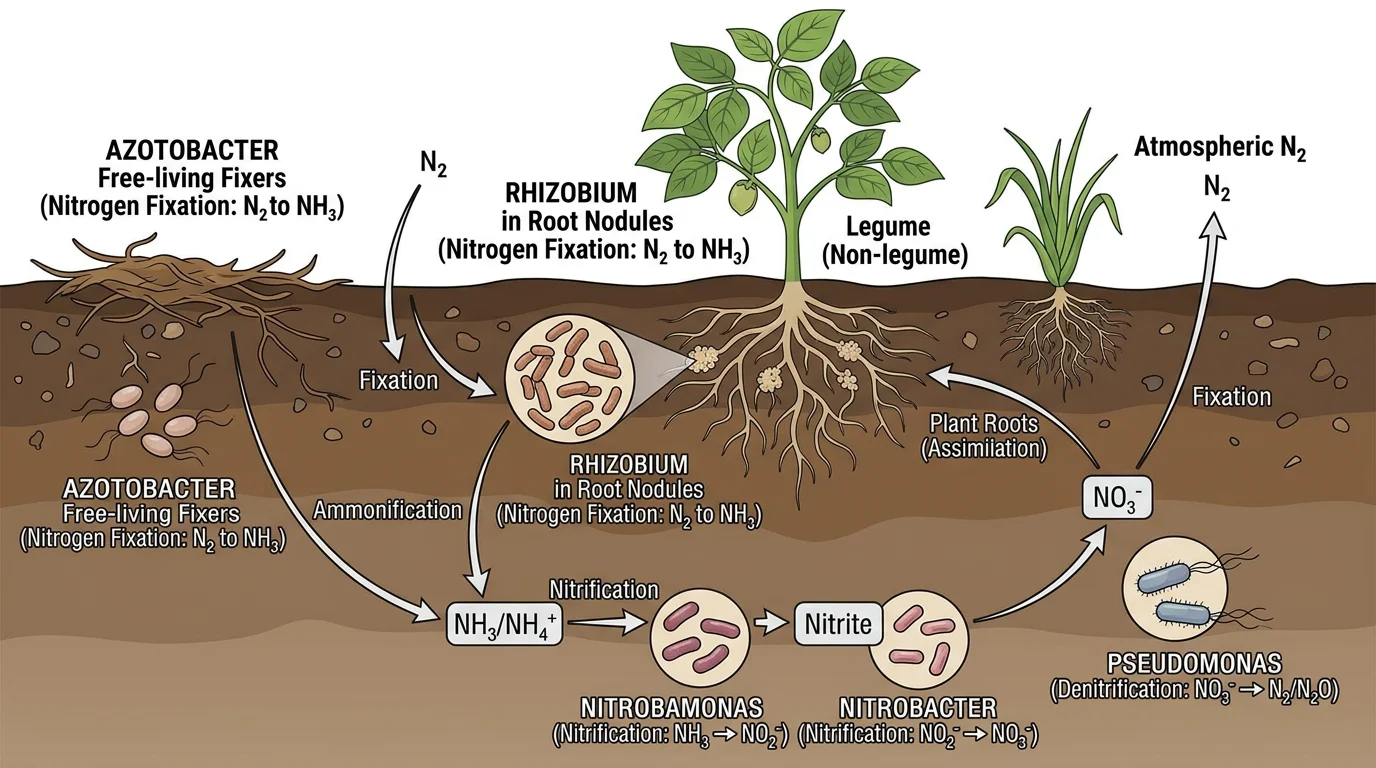 Nitrogen cycle diagram emphasizing soil bacteria including Rhizobium, Nitrosomonas, Nitrobacter, and Pseudomonas with their specific roles.