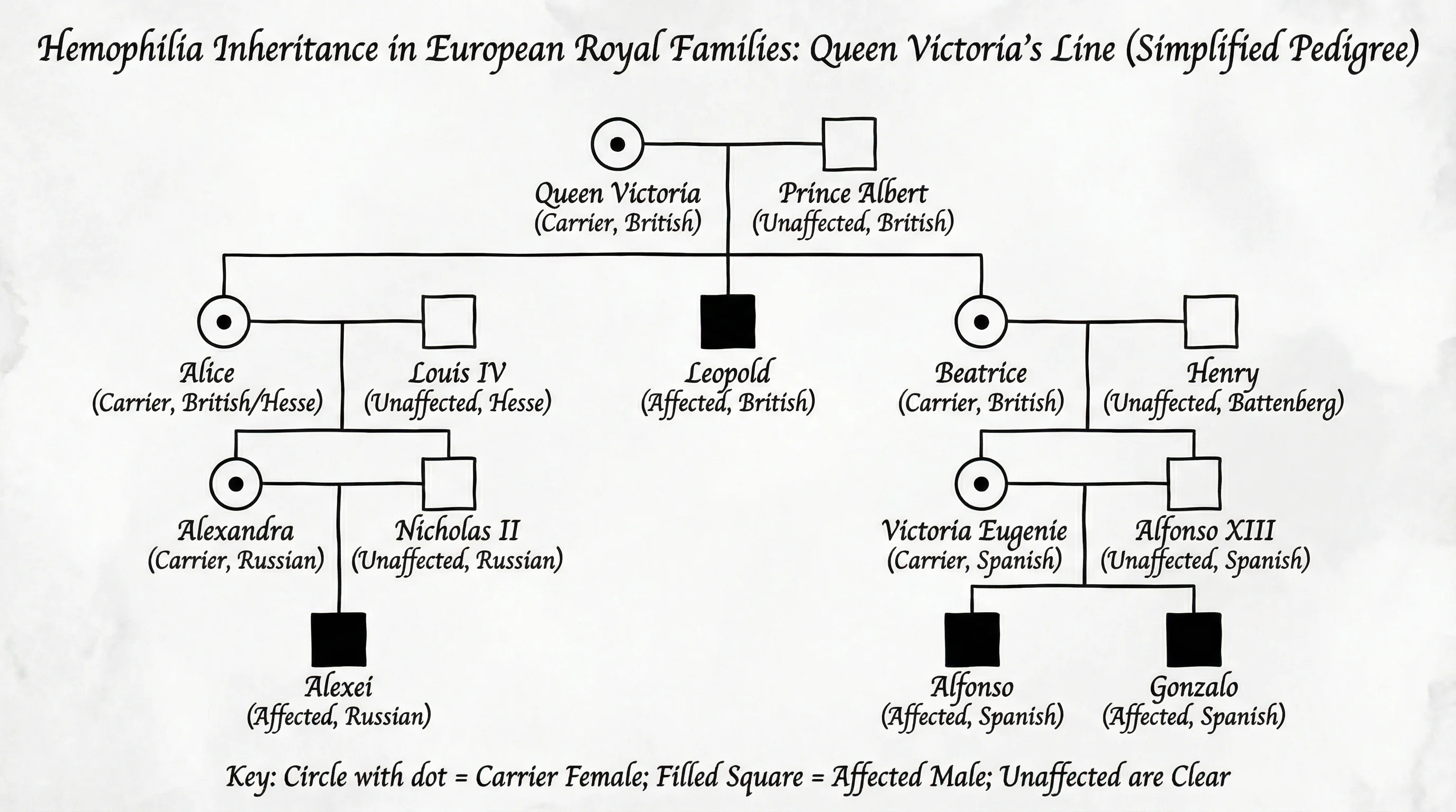 Historical pedigree chart tracing hemophilia through European royal families from Queen Victoria.