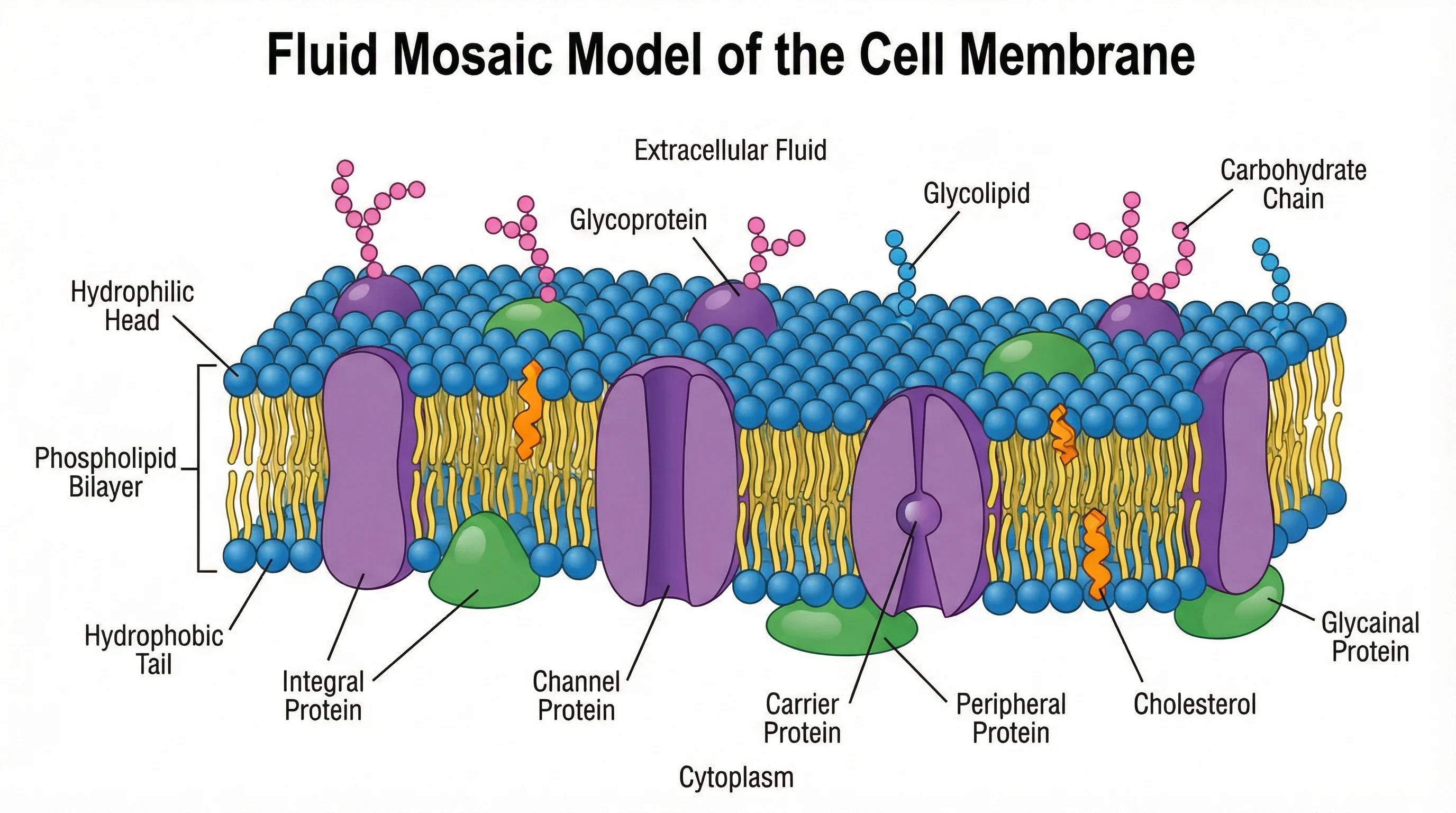 Complete cell membrane diagram showing fluid mosaic model with proteins