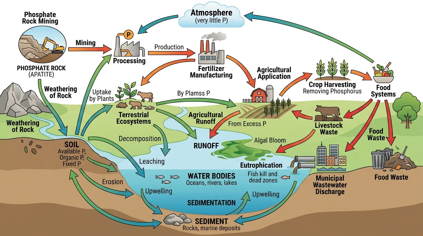 Phosphorus cycle diagram highlighting human activities including mining, fertilizer application, agricultural runoff, and wastewater discharge.