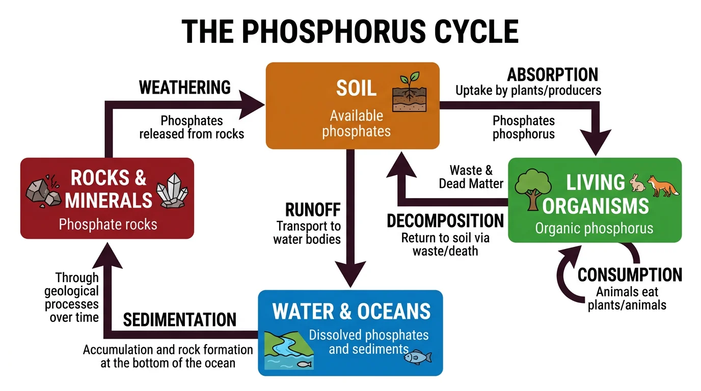 Simplified phosphorus cycle diagram showing the main pathways between rocks, soil, living organisms, and water bodies.