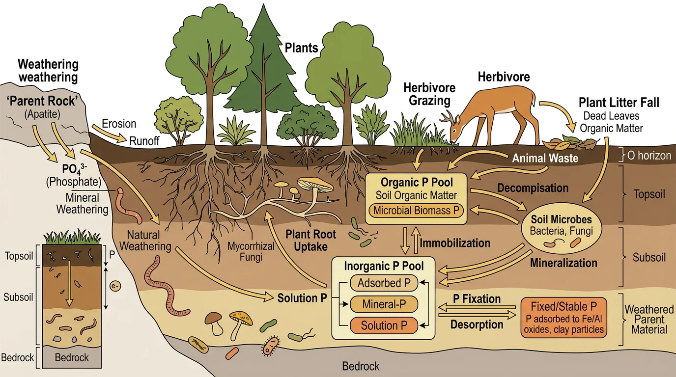 Terrestrial phosphorus cycle showing soil phosphorus pools, root uptake by plants, mycorrhizal associations, and organic matter decomposition.