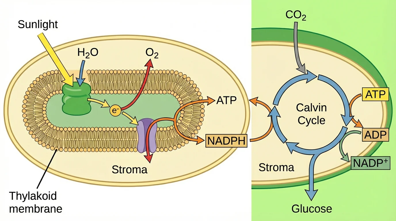 Detailed photosynthesis diagram showing both stages: light-dependent reactions in the thylakoid membrane producing ATP and NADPH from water and sunlight, releasing oxygen; and the Calvin cycle in the stroma using CO2 to produce glucose. Scientific diagram with arrows showing electron flow and molecule transformations.