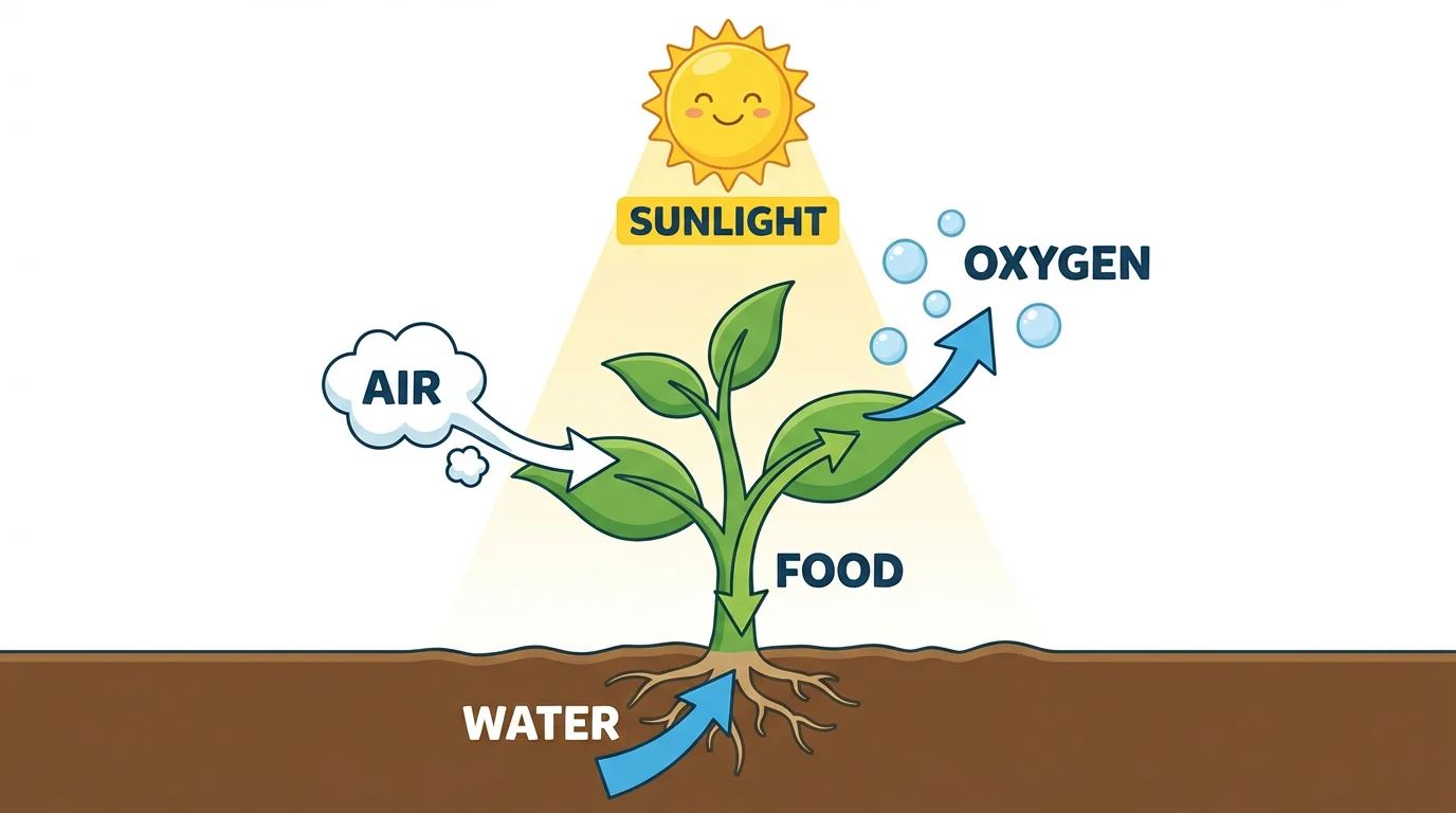 Simple cartoon-style photosynthesis diagram for elementary students. A friendly smiling sun shines on a green plant. Labels show: Sunlight, Air (CO2), Water, Food, and Oxygen with cute bubble icons. Bright cheerful colors with easy-to-read large text.