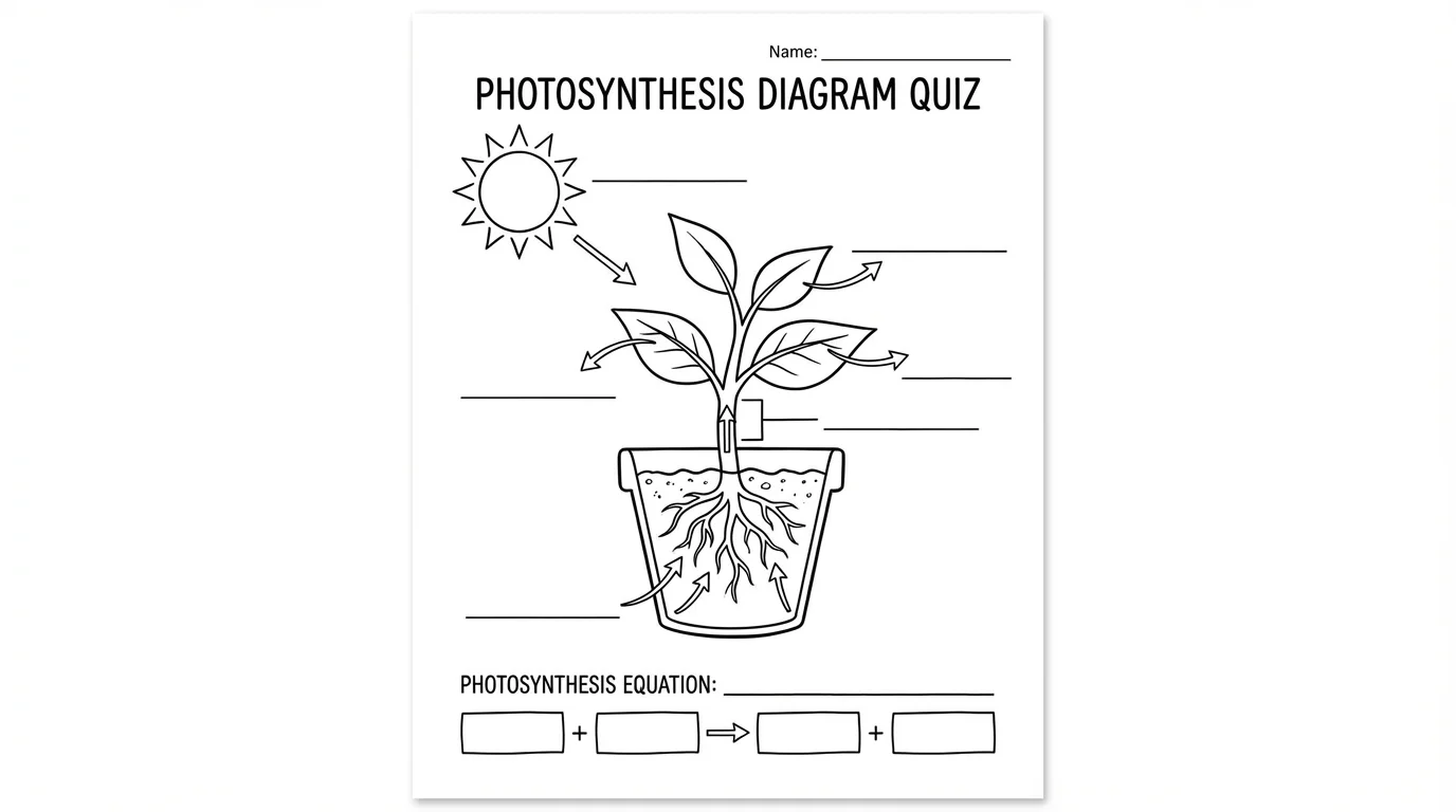 Black and white photosynthesis diagram worksheet without labels for student quizzes. Shows a plant with blank lines pointing to sun, gases, water, and products. Includes empty boxes for students to write the photosynthesis equation. Clean line art style suitable for printing.