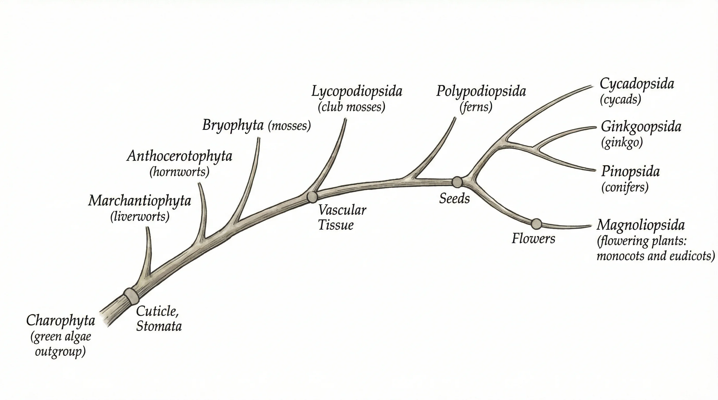 Phylogenetic tree tracing the evolution of land plants from green algae to angiosperms with key evolutionary innovations.