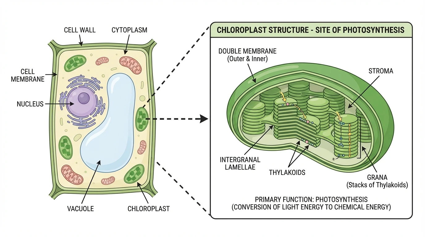 Plant cell diagram with special focus on chloroplasts. The main cell shows several green oval-shaped chloroplasts distributed around the cell edges near the membrane. A magnified callout box shows one chloroplast in detail, revealing its internal structure with stacked coin-like thylakoids forming grana, connected by stroma lamellae. Labels identify the outer membrane, inner membrane, thylakoid stacks, grana, and stroma. Text reads "Site of Photosynthesis" highlighting the chloroplast function.