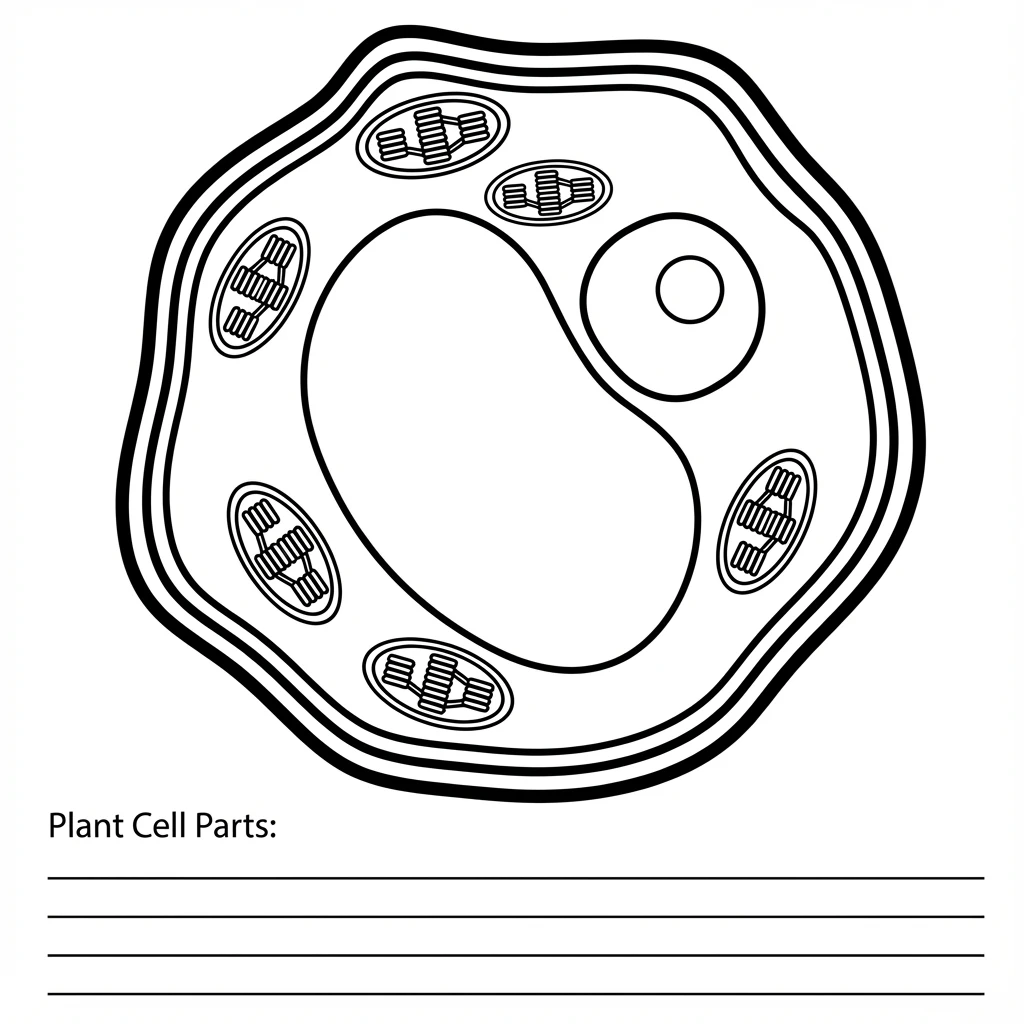 Black and white line drawing of a plant cell designed for coloring. The cell has thick black outlines creating a rectangular shape with the cell wall clearly visible as the outer layer. The large central vacuole is a big empty space in the middle. Oval chloroplasts line the edges. The circular nucleus is on one side. All areas are white and empty, ready to be colored in. Blank lines at the bottom allow students to write organelle names.