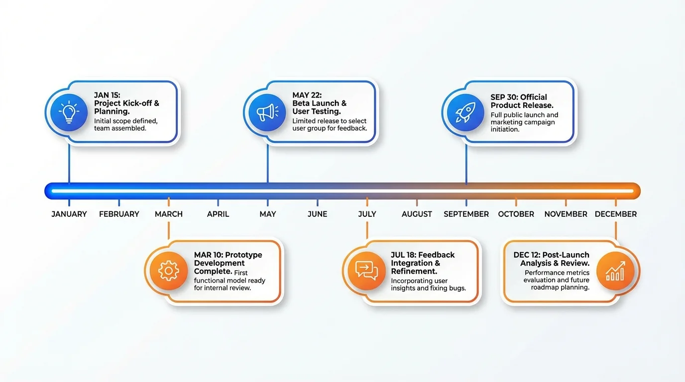 Horizontal timeline showing project milestones and deadlines