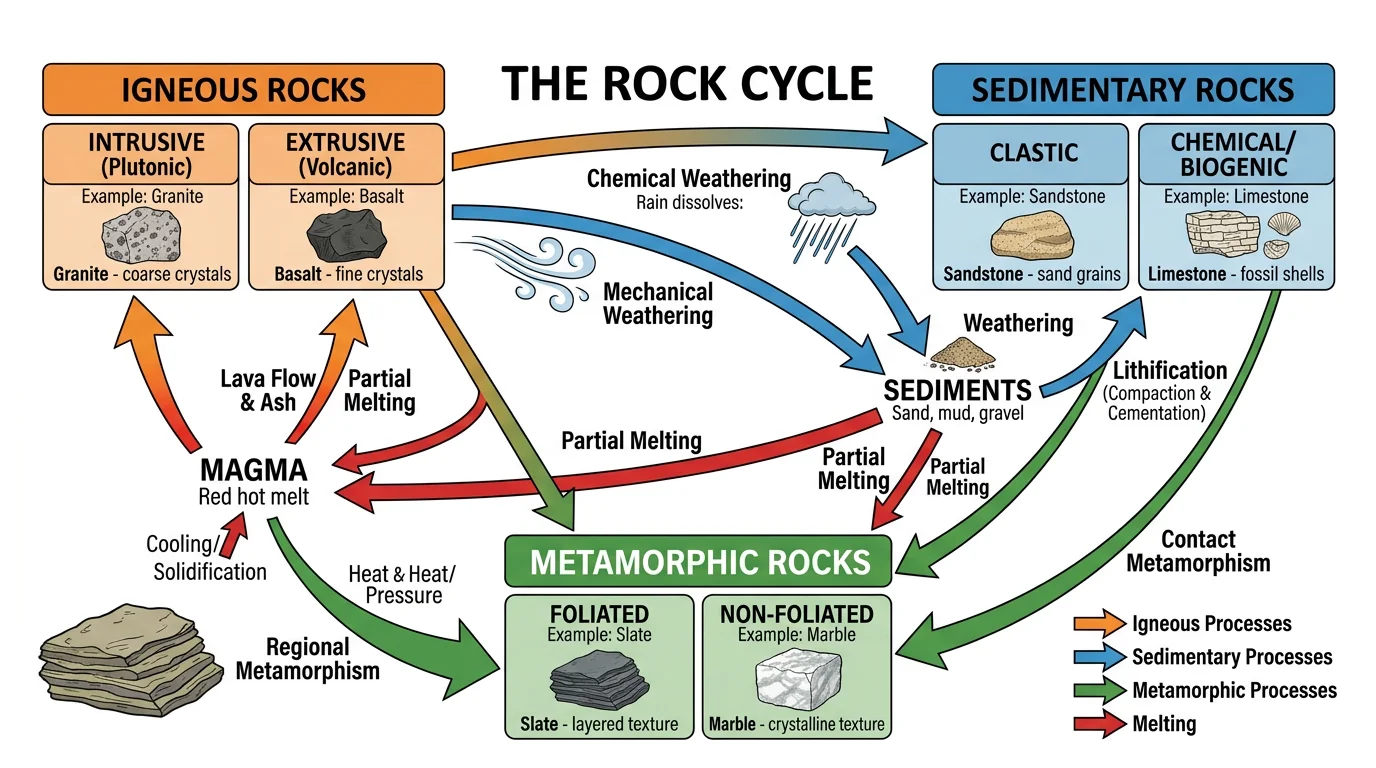 Detailed rock cycle diagram for high school geology showing all pathways including direct transitions, sub-processes, and real rock examples.