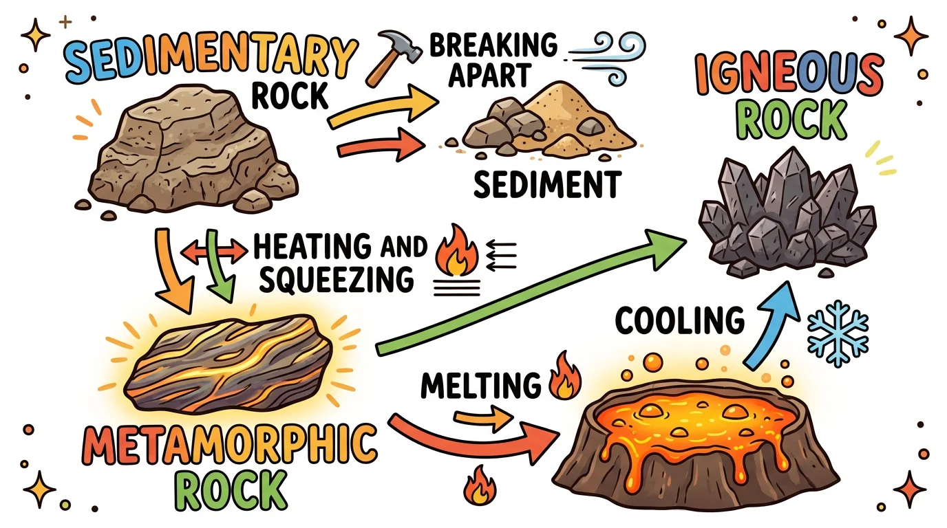 Simple, colorful rock cycle diagram designed for elementary students with large text, cartoon-style rocks, and easy-to-follow arrows.