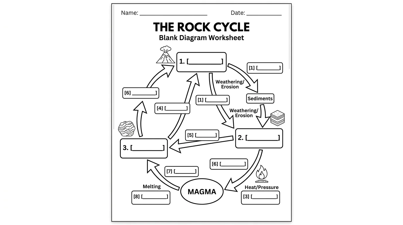 Blank rock cycle diagram template with empty labels and arrows for students to fill in as a classroom worksheet.