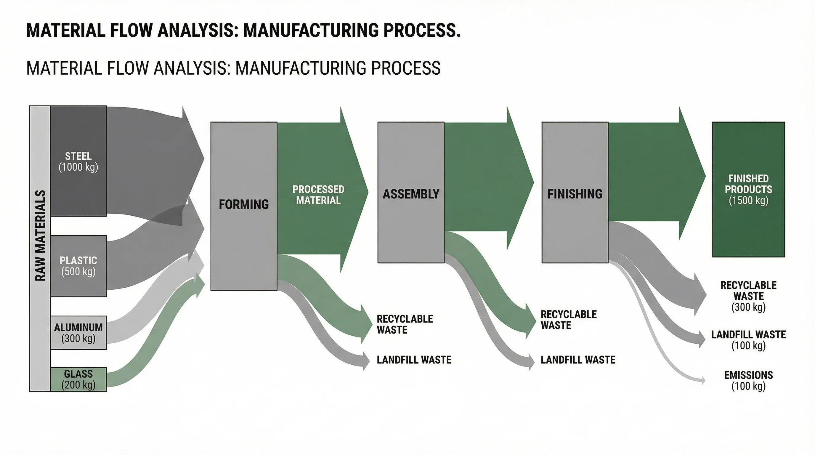 Sankey diagram depicting material flows in an industrial process from raw materials through manufacturing to products and waste streams.
