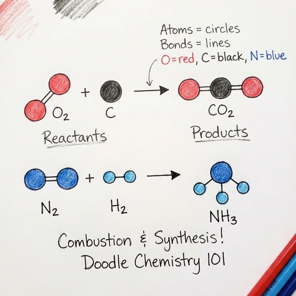 Hand-drawn style illustration of a chemical reaction process