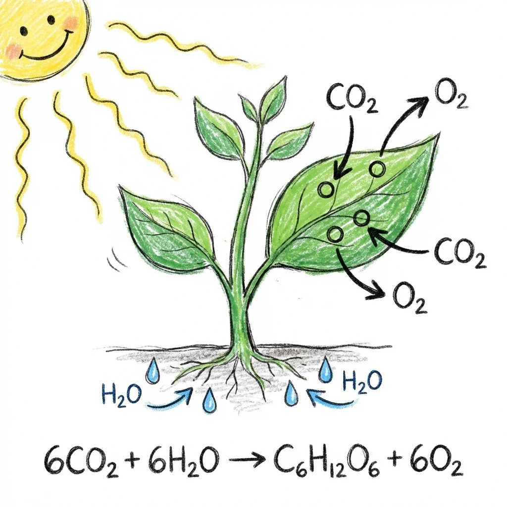 Hand-drawn style illustration of photosynthesis process