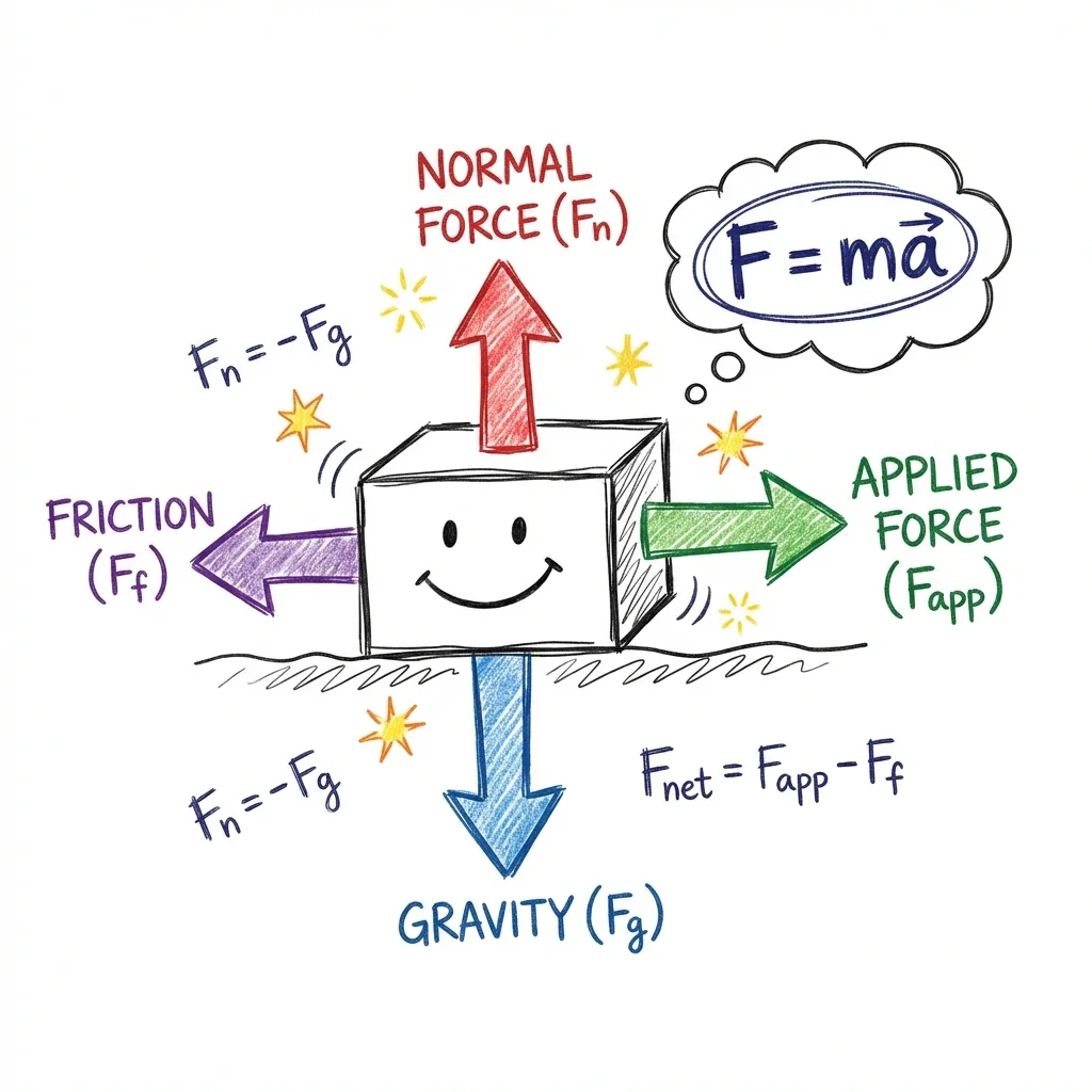 Hand-drawn style illustration of forces and motion