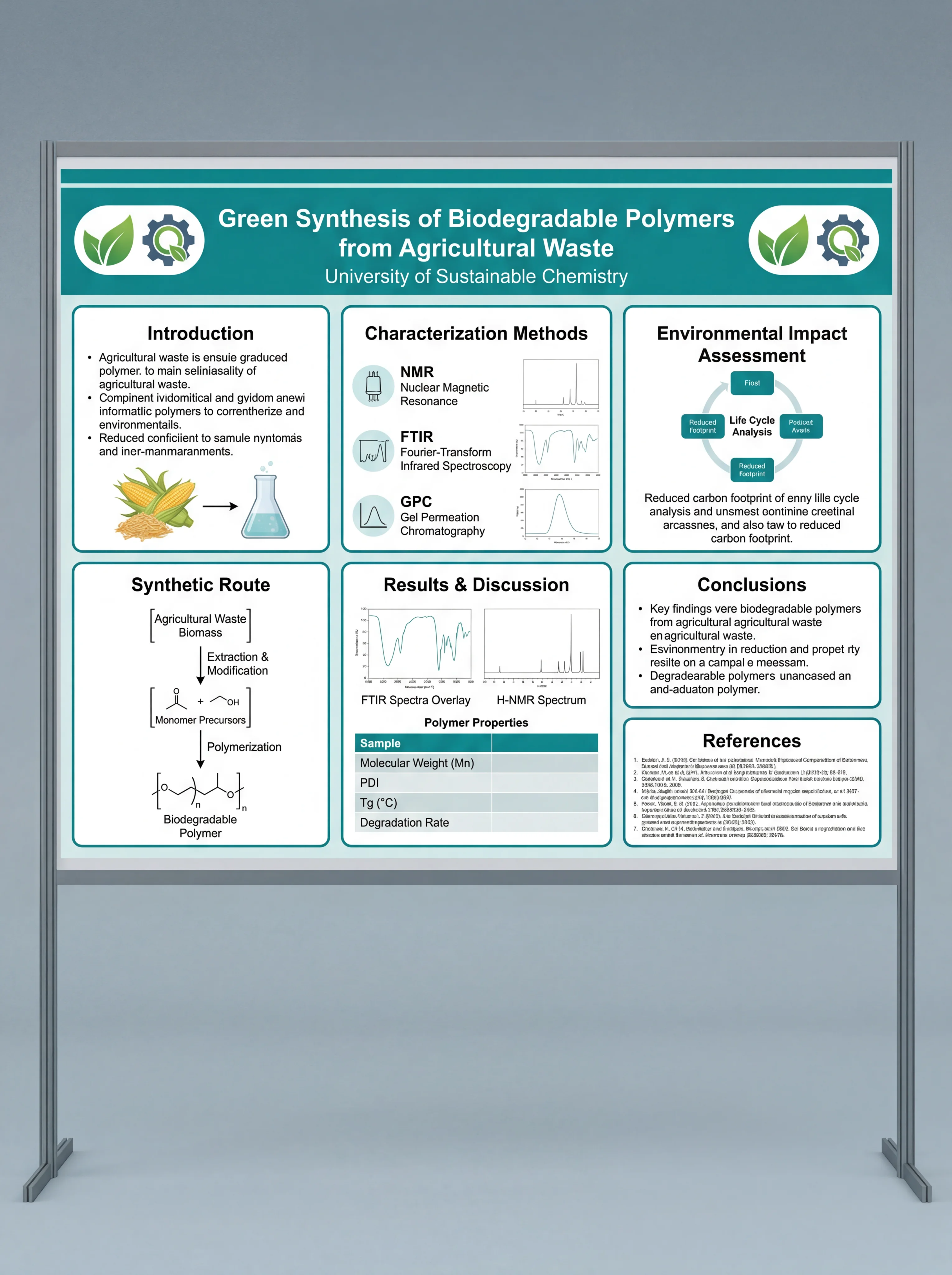 Organic chemistry poster showing synthesis pathway, molecular structures, and characterization data.