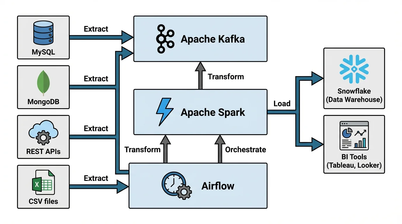 ETL data pipeline diagram showing data sources, transformations, and data warehouse.